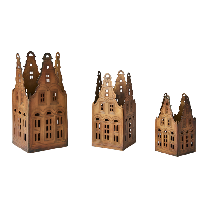 VILLAGE Ljuslykta hus, set om 3, Mässingsfärgad